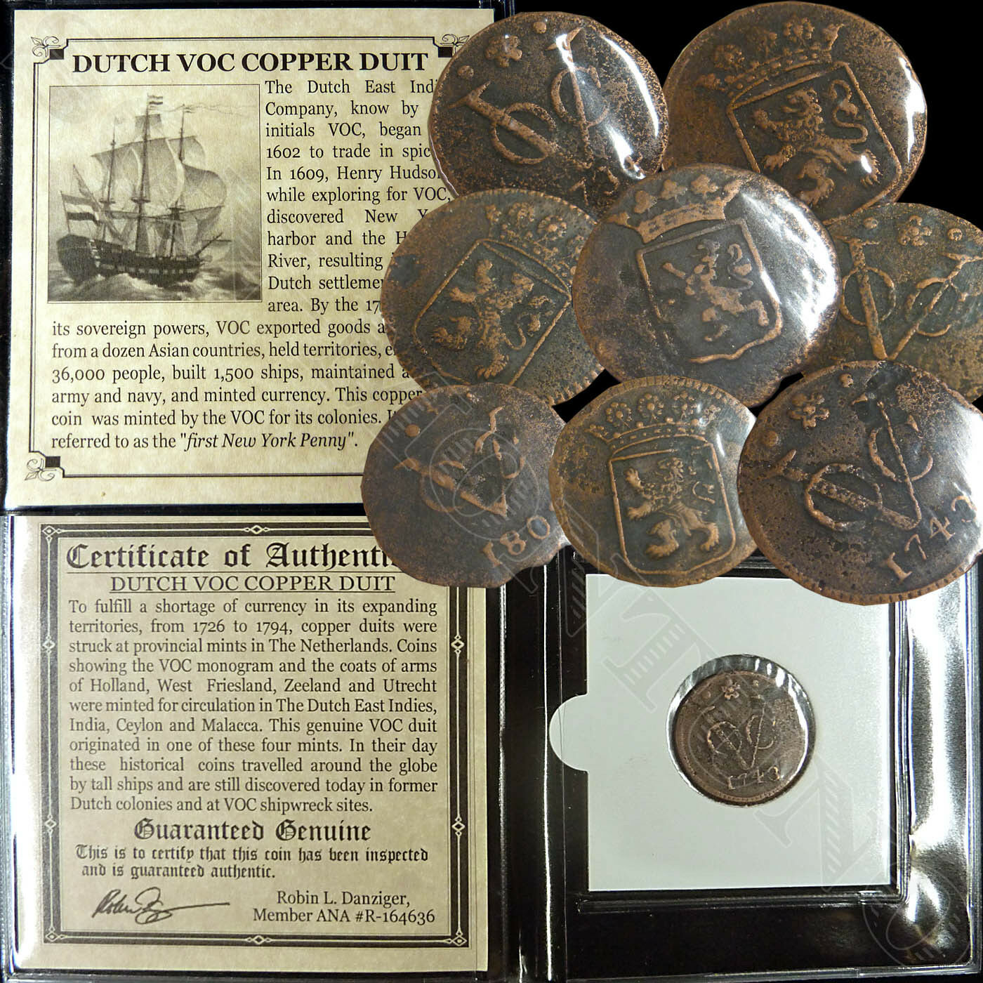 (1) 1726-1794 Dutch Voc Copper Duit Ship Coin East India Co. 1st New York Penny